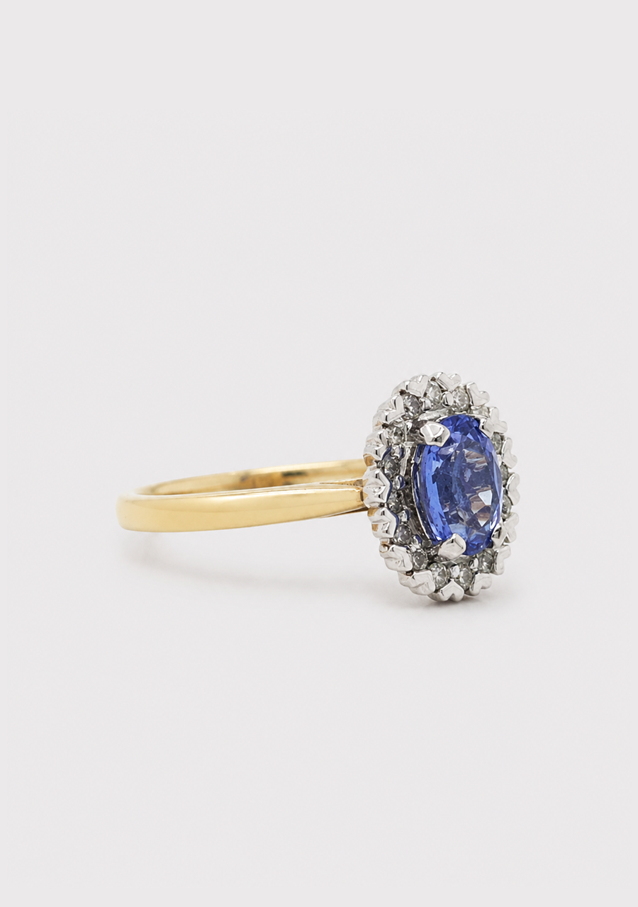 9ct Yellow Gold Ceylon Sapphire & Round Brilliant Diamond Halo Cluster Ring