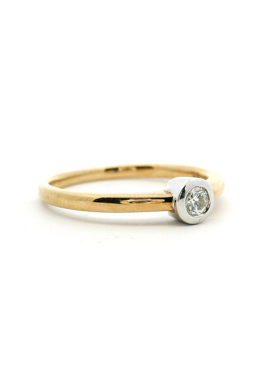 9ct Yellow & White Gold 0.10ct Round Brilliant Diamond Bezel Set Solitaire Ring