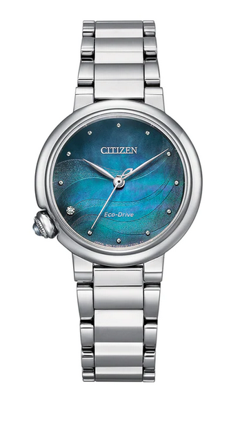 Citizen Ladies Silver Mother of Pearl Round Face with Bracelet Strap 50m Water Resistant Eco-Drive Watch Code: EM0910-80N