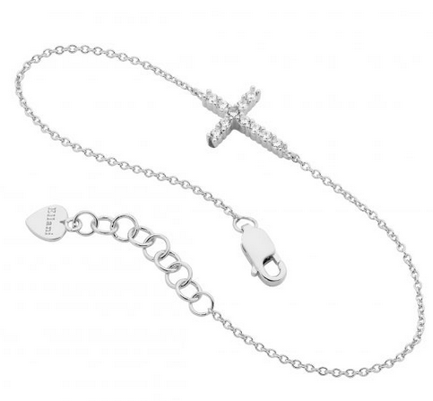 Ellani Sterling Silver Cubic Zirconia Small Cross Bracelet with Extension Chain