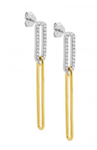Ellani Two-Tone Sterling Silver & IP Yellow Gold Plated Cubic Zirconia Open Oval Link Drop Stud Earrings