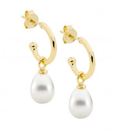 Ellani Sterling Silver & IP Yellow Gold Plated White Freshwater Pearl Drop 13mm Hoop Stud Earrings