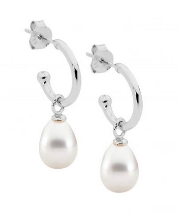 Ellani Sterling Silver White Freshwater Pearl Drop 13mm Hoop Stud Earrings