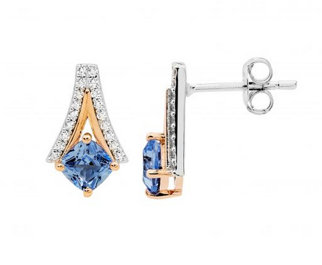 Ellani Sterling Silver and Rose Gold Plated CZ Cushion Cut Open V Spinel Drop Stud Earrings