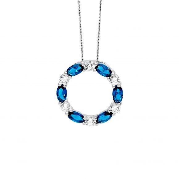 Ellani Sterling Silver White Round & London Blue Oval Cubic Zirconia 19mm Circle Pendant Necklace