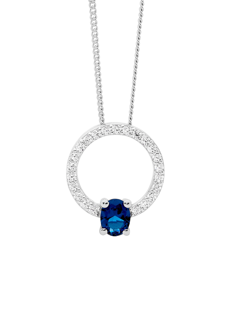 Ellani Sterling Silver White Cubic Zirconia & Oval London Blue 13mm Open Circle Pendant Necklace Necklace Length: 45cm