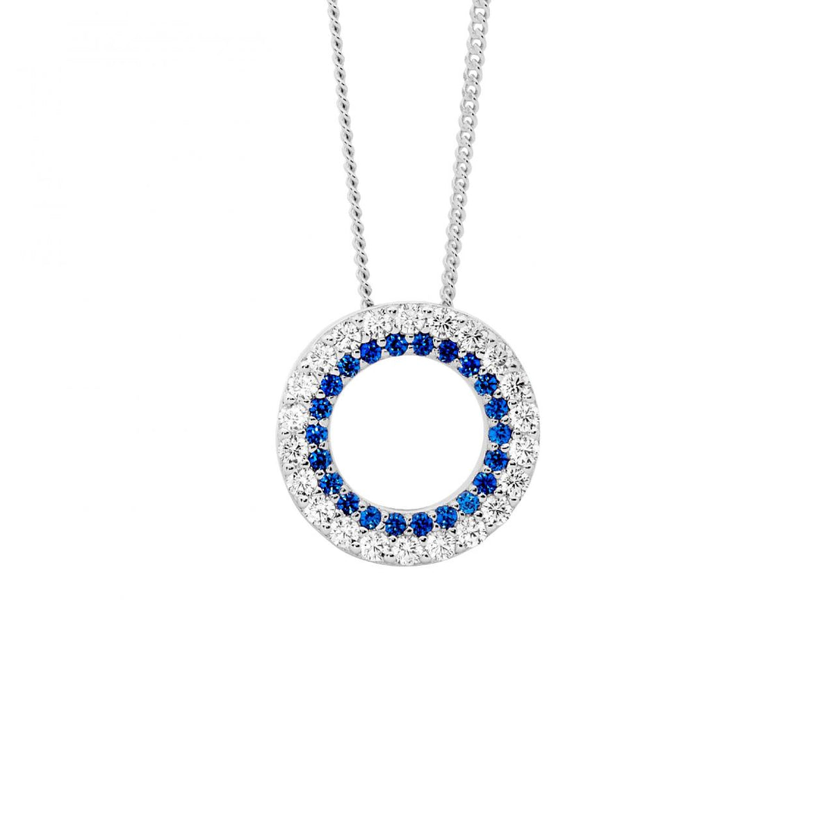 Ellani Sterling Silver White & Blue Cubic Zirconia 13mm Double Row Circle Pendant Necklace Necklace Length: 45cm
