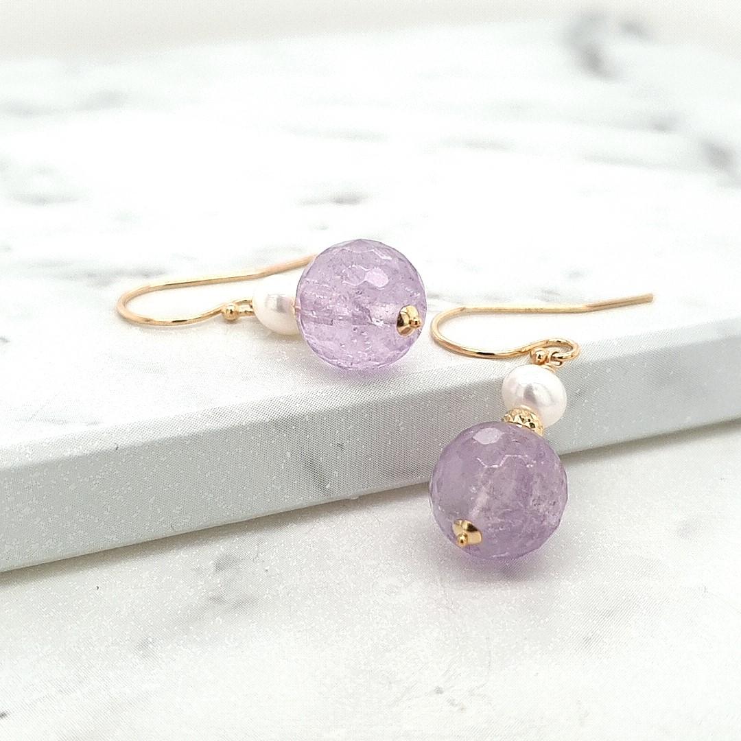 Amethyst & Fresh Water Pearl 9k Yellow Gold Hook Earrings