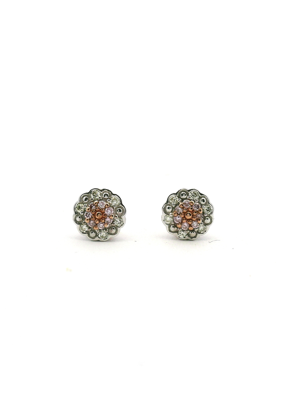 9ct Rose Gold Pink Caviar and White Diamond Stud Earrings