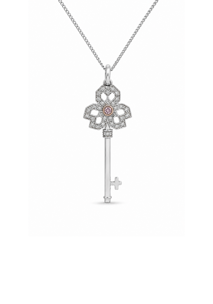 9ct White and Rose Gold Pink Caviar and White Diamond Key Pendant