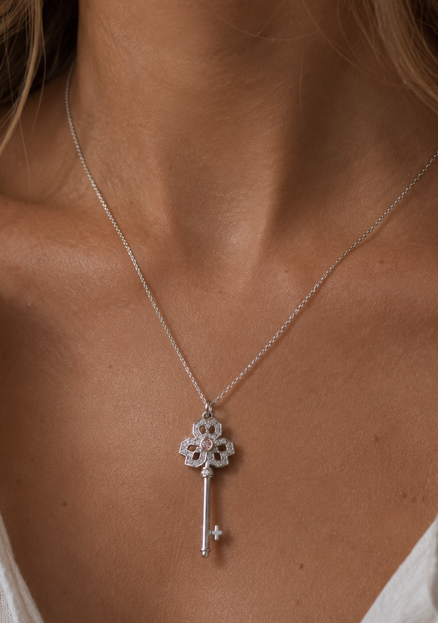 9ct White and Rose Gold Pink Caviar and White Diamond Key Pendant
