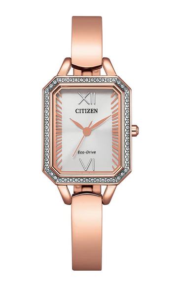 Citizen Ladies Stainless Steel Rose Gold Plated Sun-Ray Silver Dial with Push Button Buckle 50m Water Resistant Eco-Drive Watch Code: EM0983-51A