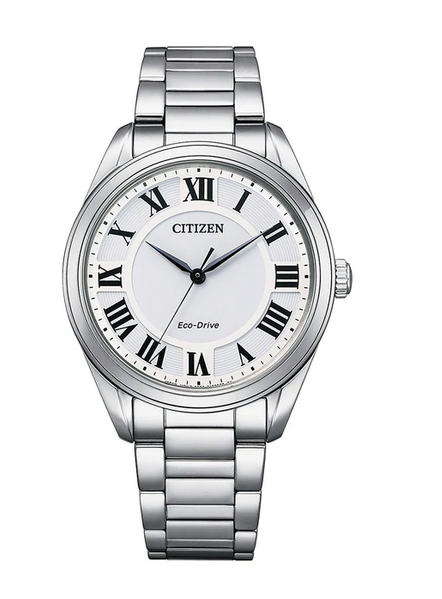 Citizen Ladies Stainless Steel White Dial, Black Roman Numerals and Sapphire Crystal Glass 50m Water Resistant Eco-Drive Watch Code: EM0970-53A