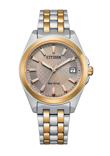Citizen Ladies Stainless Steel Ivory Tone Dial with Rose Gold Two Tone Bracelet Strap 100m Water Resistant Eco-Drive Watch Code: EO1226-59X