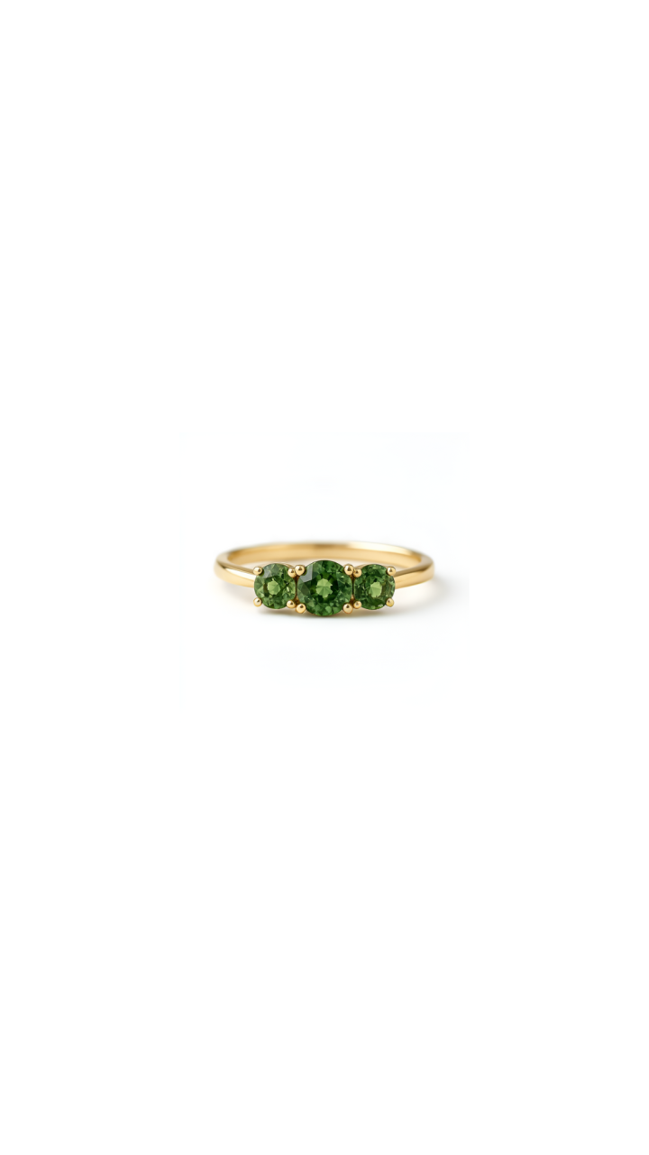Green Sapphire Trilogy Ring in 9ct Yellow Gold