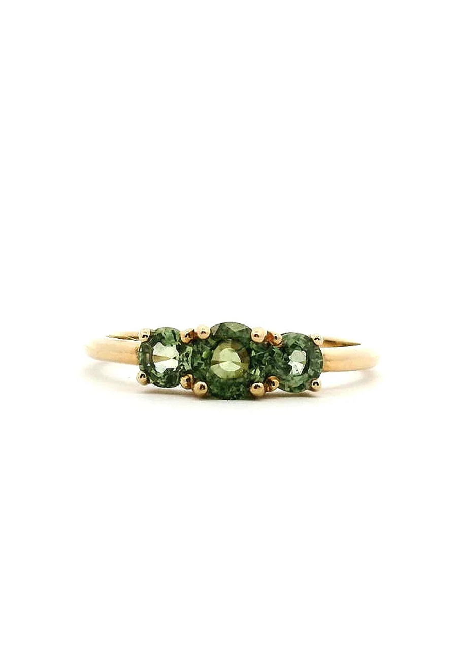 9ct Yellow Gold Round Green Sapphire Three Stone Claw Set Ring