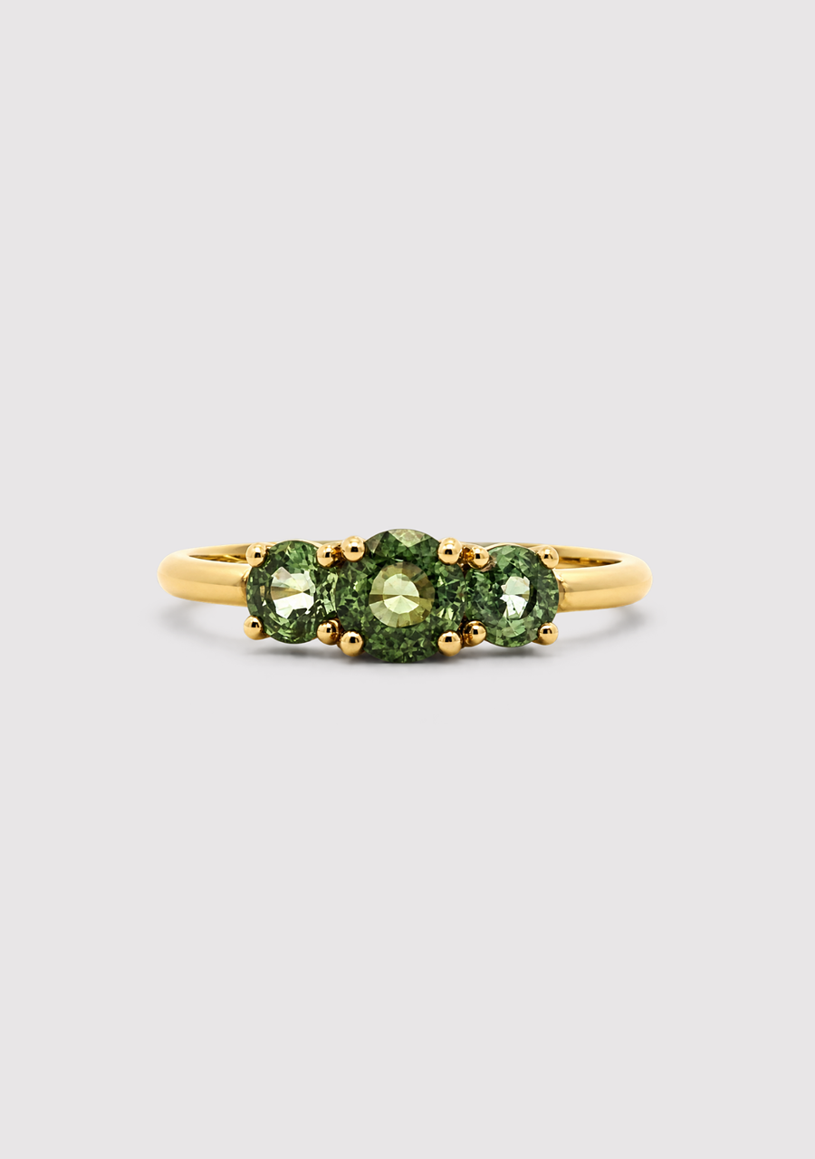 9ct Yellow Gold Round Green Sapphire Three Stone Claw Set Ring