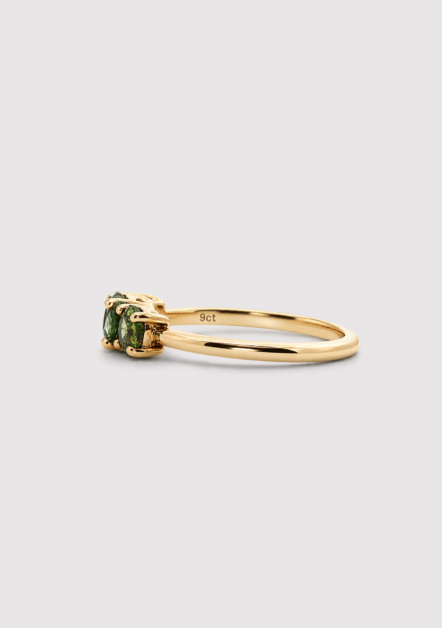9ct Yellow Gold Round Green Sapphire Three Stone Claw Set Ring