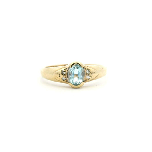 Estate 9ct Yellow Gold Oval Blue Topaz Bezel Set & Round Brilliant Diamond Ring