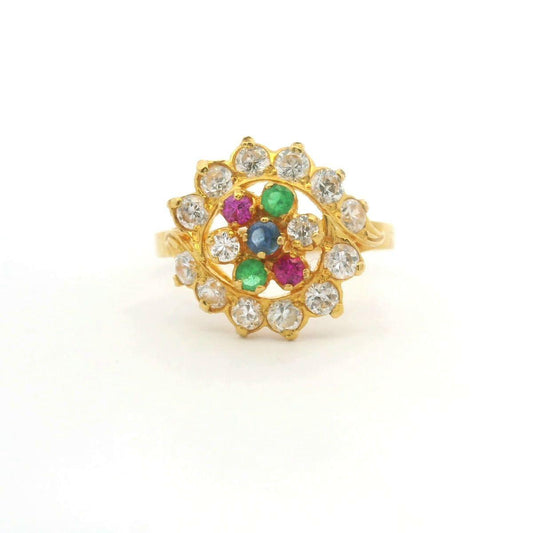 Estate 22ct Yellow Gold with Green, Blue, Pink & Clear Round CZ Claw Set Cluster Ring