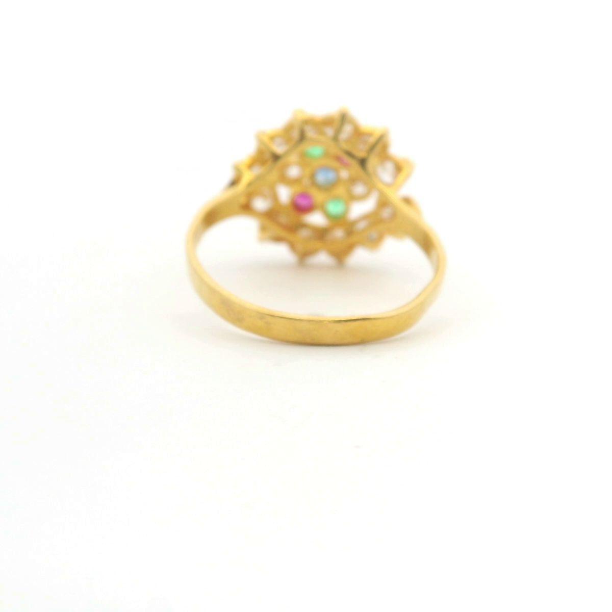 Estate 22ct Yellow Gold with Green, Blue, Pink & Clear Round CZ Claw Set Cluster Ring