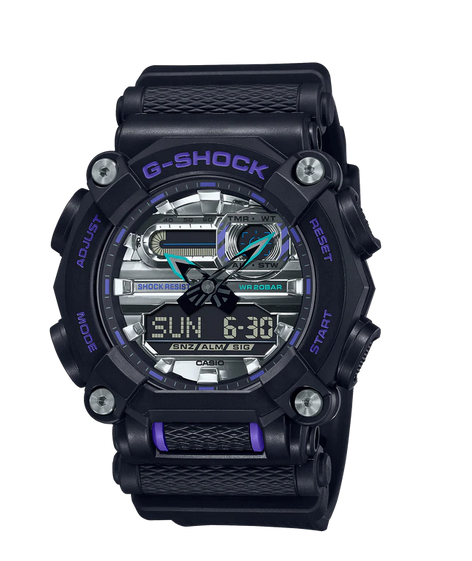 G-Shock Analogue Black and Purple Case, Black Resin Strap 200m Water Resistant 7 Year Battery Quartz Watch Code: GA900AS-1A