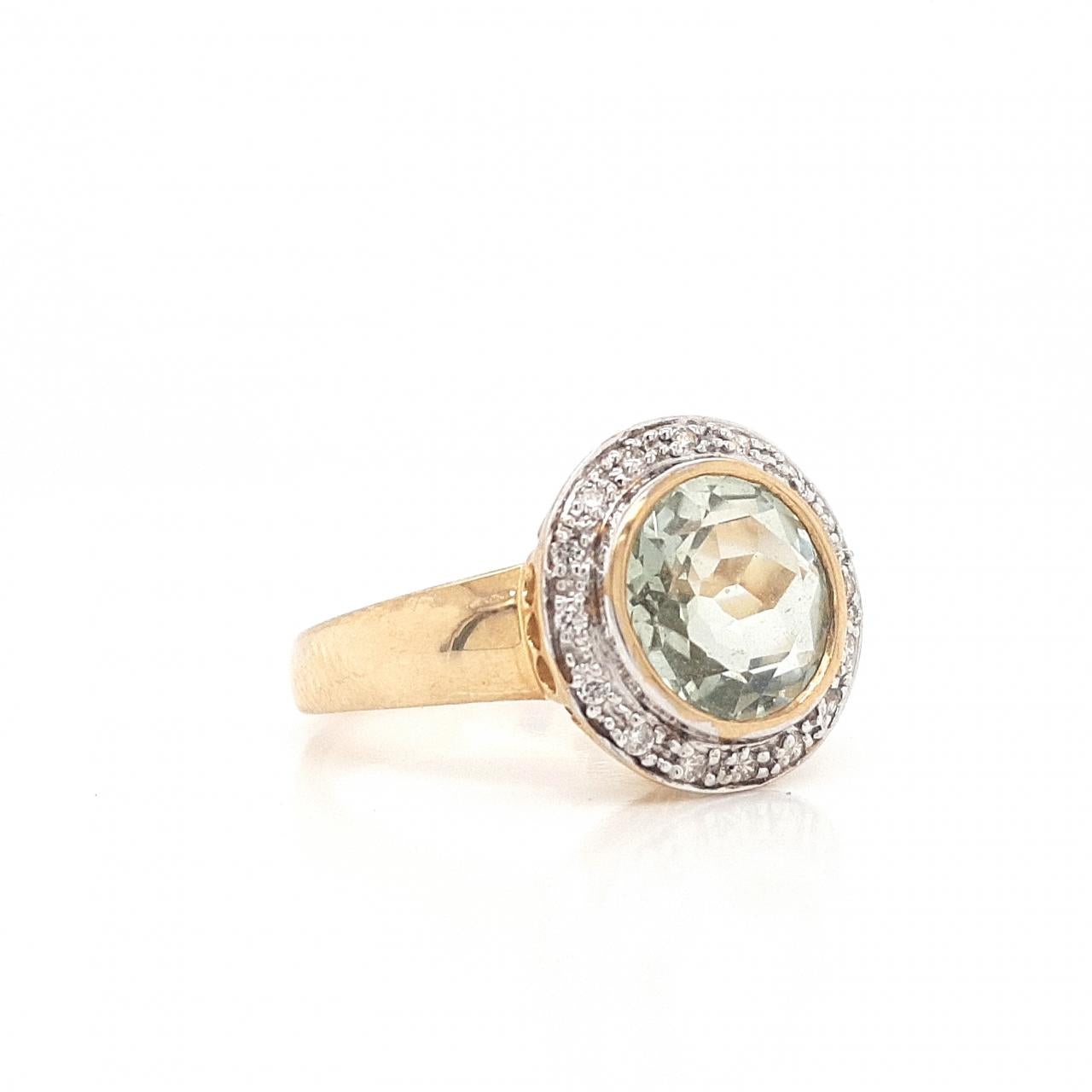Green Amethyst & Diamond 9k Yellow Gold Halo Ring