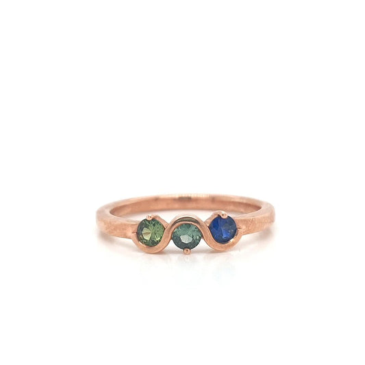 Sapphire 9ct Rose Gold Three Stone Semi Bezel Set Ring