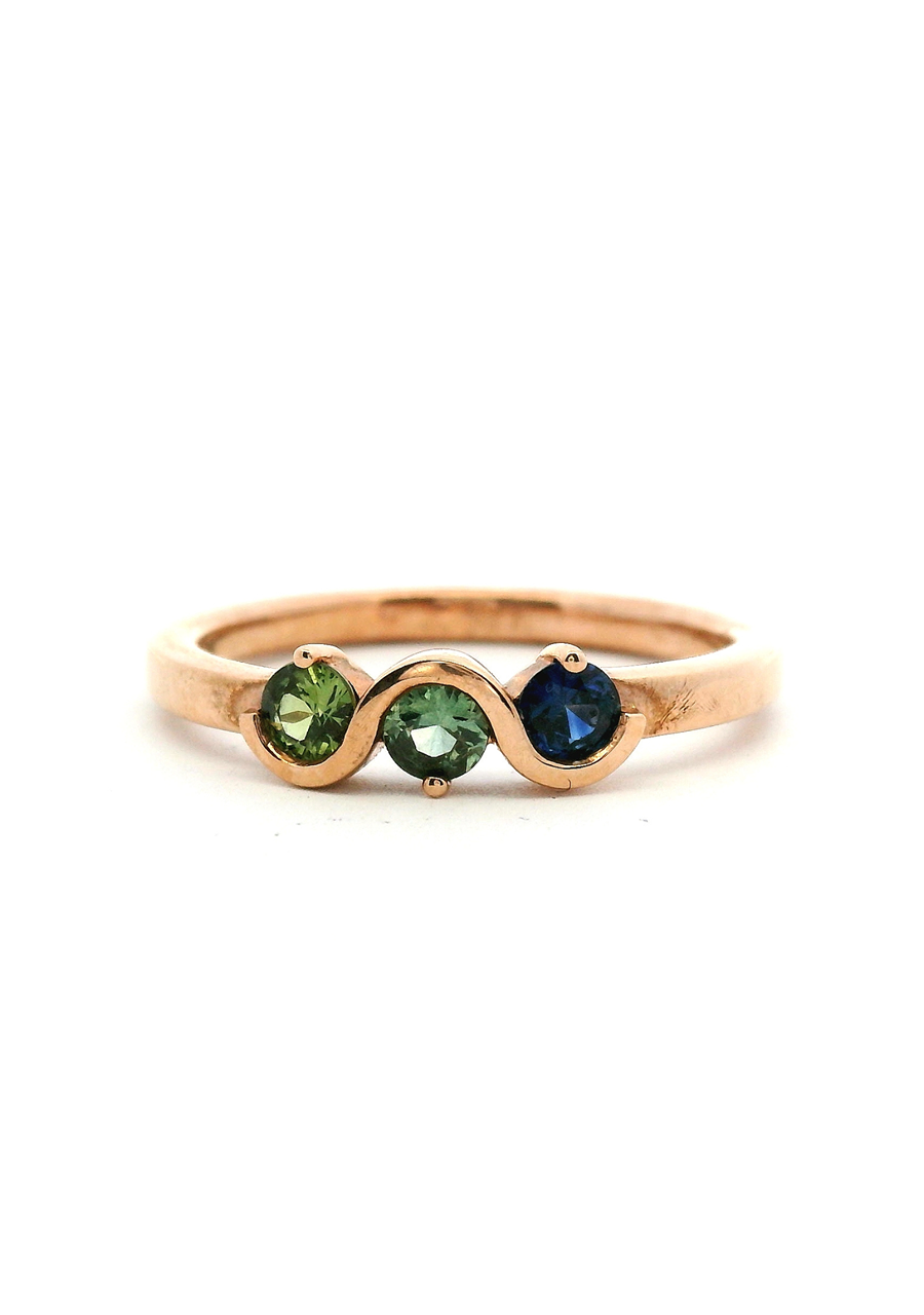 Sapphire 9ct Rose Gold Three Stone Semi Bezel Set Ring
