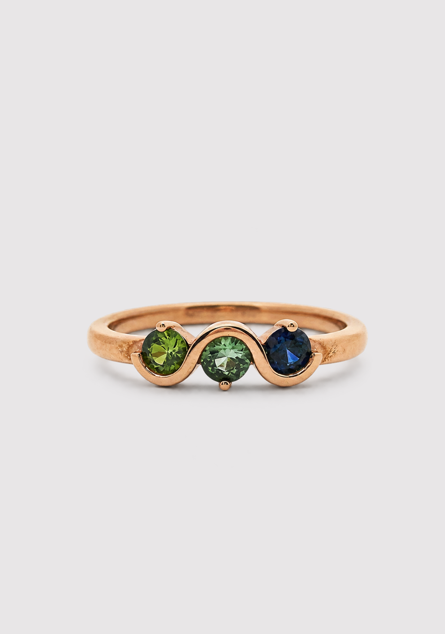 Sapphire 9ct Rose Gold Three Stone Semi Bezel Set Ring