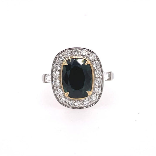 Sapphire & Diamond 18ct White and Yellow Gold Radiant Cut 2.88ct Teal Sapphire and Diamond Ring