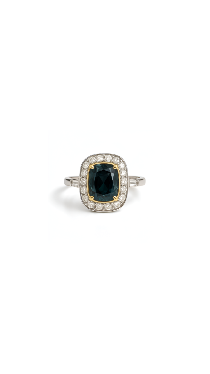 Teal Sapphire & Diamond Halo Ring in 18ct White & Yellow Gold