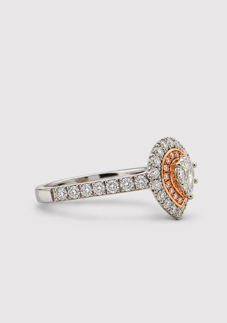 Pink Diamond & White Diamond 18k White & Rose Gold Tear Drop Halo Ring