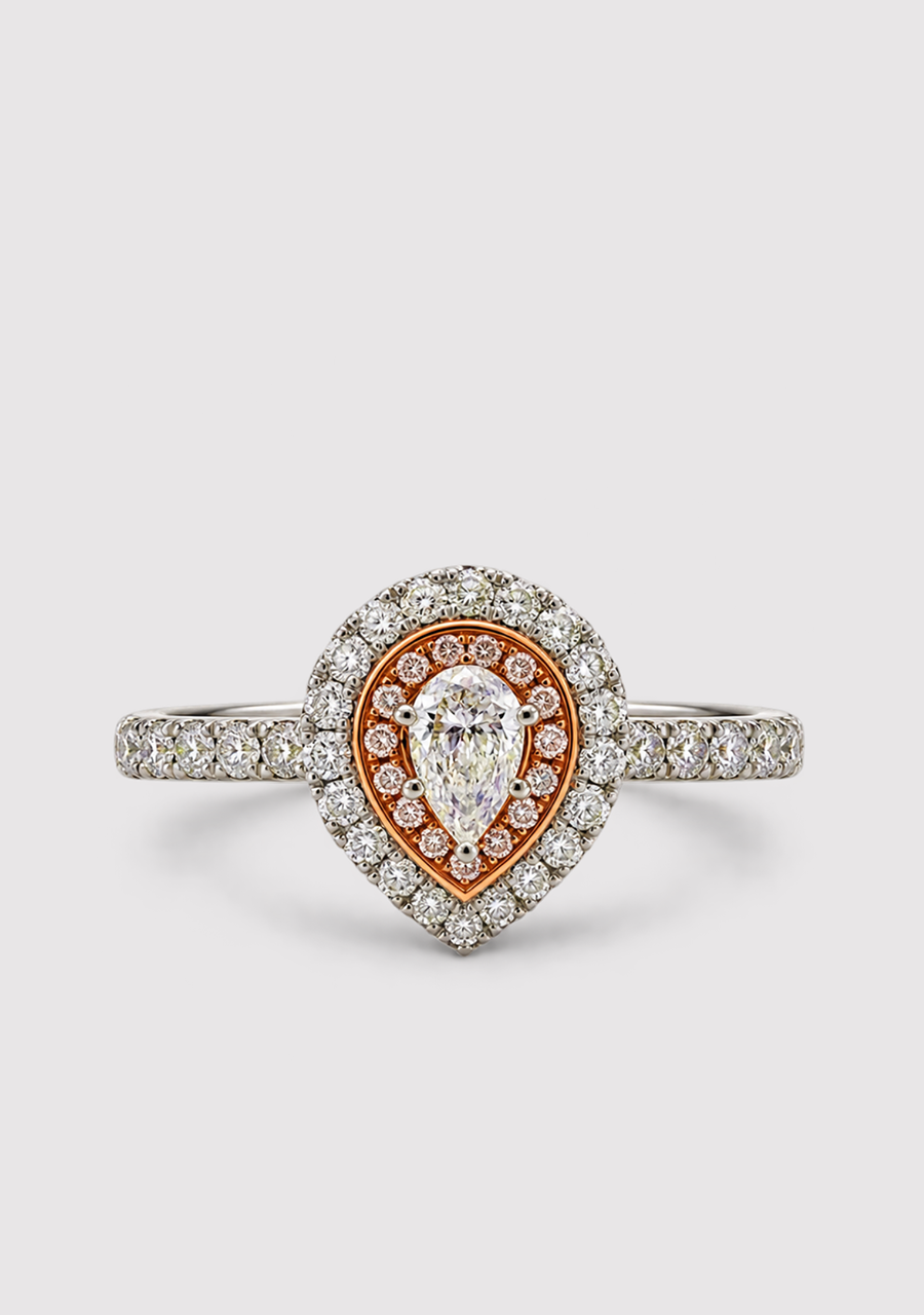 Pink Diamond & White Diamond 18k White & Rose Gold Tear Drop Halo Ring