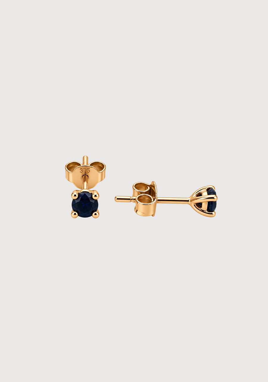 9ct Yellow Gold Round Black Sapphire Four Claw Stud Earrings