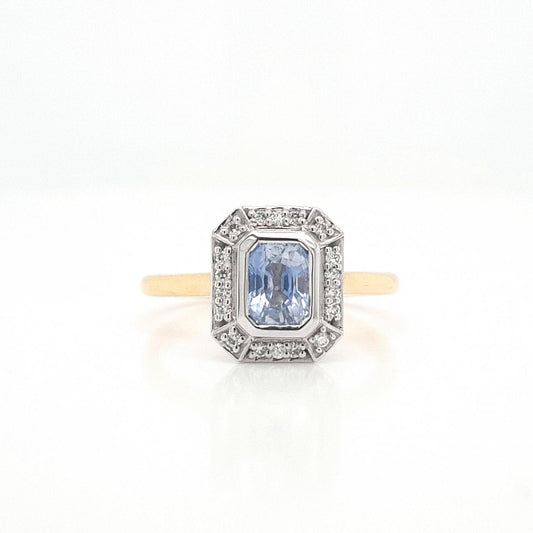 Sapphire & Diamond 18ct Yellow Gold 1.10ct Emerald Cut Ceylonese Sapphire & 0.08ct Round Brilliant Diamond Cluster Ring