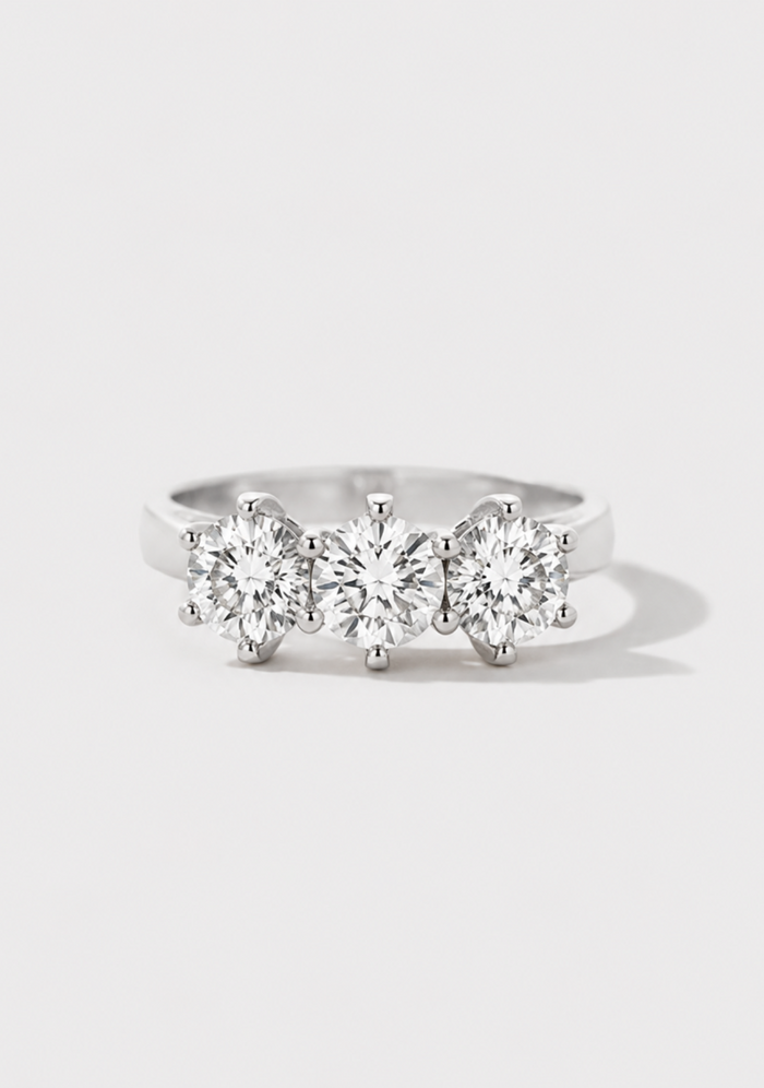 18ct White Gold 1.38ct Round Brilliant Lab Grown Diamond Claw Set Three Stone Ring