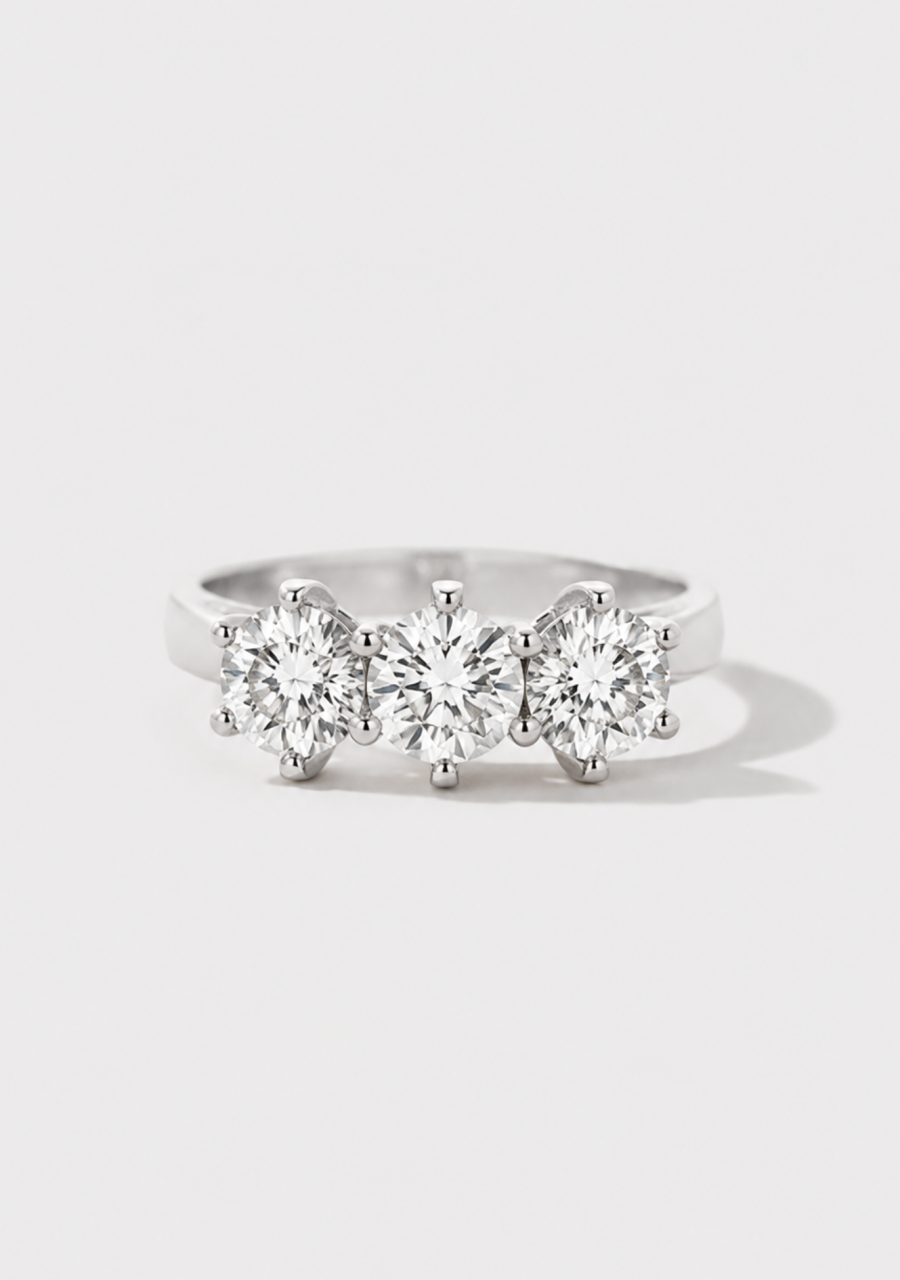 18ct White Gold 1.38ct Round Brilliant Lab Grown Diamond Claw Set Three Stone Ring