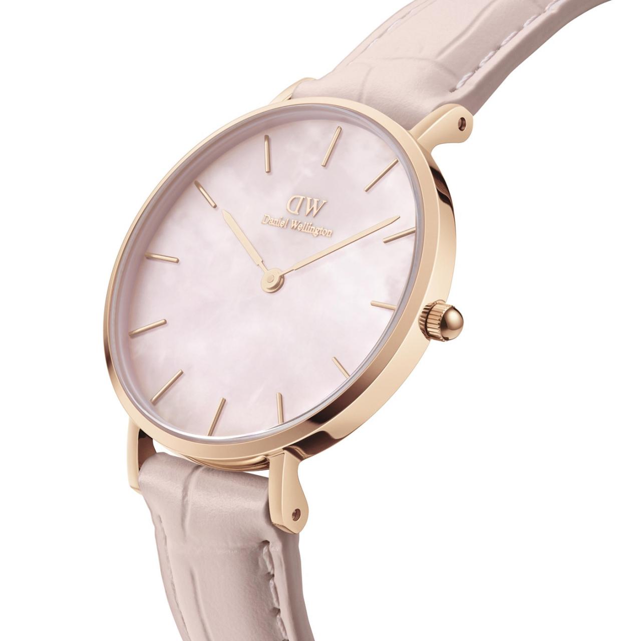 Daniel Wellington 32mm Rose Gold Plated Petite Rouge Pink Leather Strap Watch with Mother of Pearl Dial