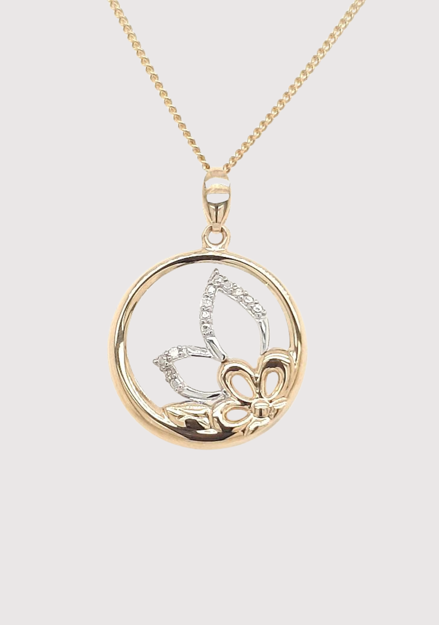 9ct Yellow Round Brilliant Claw Set Diamond Butterfly Pendant