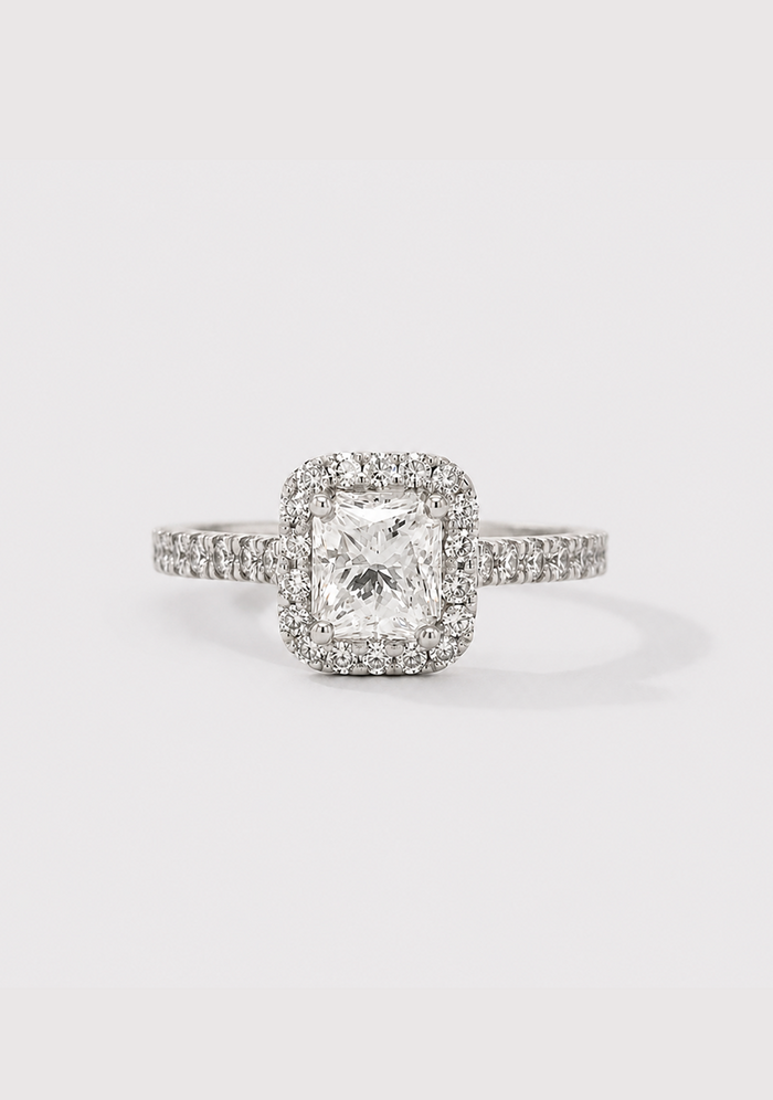 18ct White Gold 1.31ct Radiant Cut Diamond Halo Ring