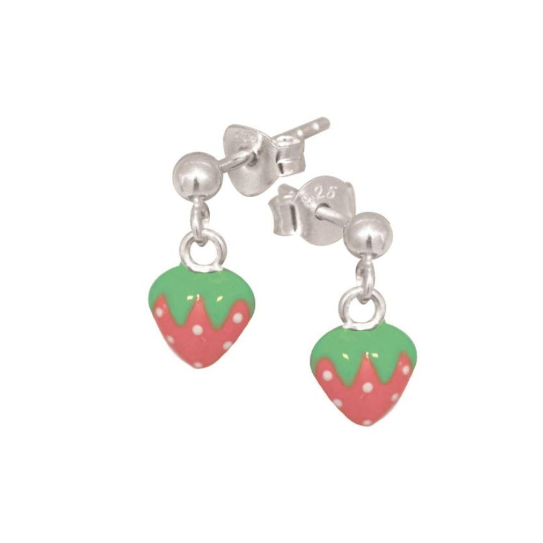 Children's Sterling Silver Pink Enamel Strawberry Drop Stud Earrings