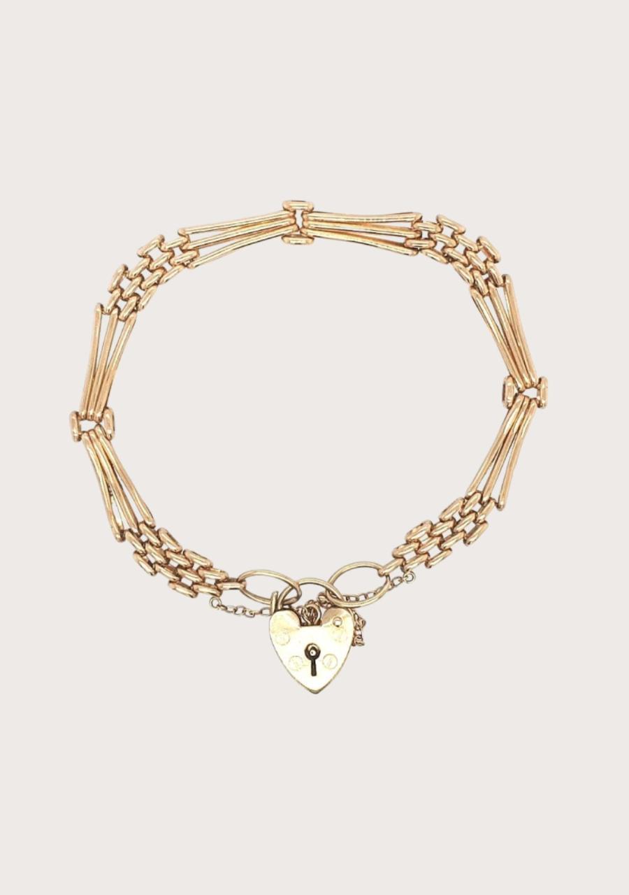 Estate 9ct Yellow Gold Three Row Gate Bracelet with Safety Chain