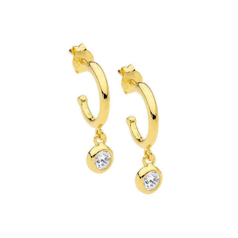 Ellani Sterling Silver & IP Yellow Gold Plated White Cubic Zirconia Bezel Set 13mm Hoop Stud Earrings