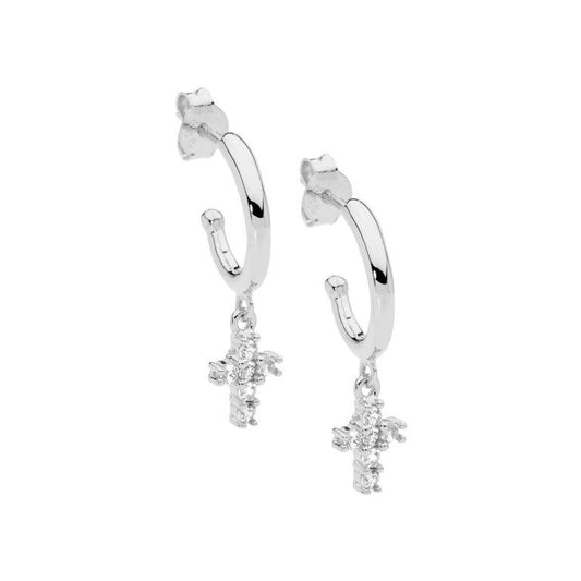 Ellani Sterling Silver White Cubic Zirconia Cross Drop 13mm Hoop Stud Earrings