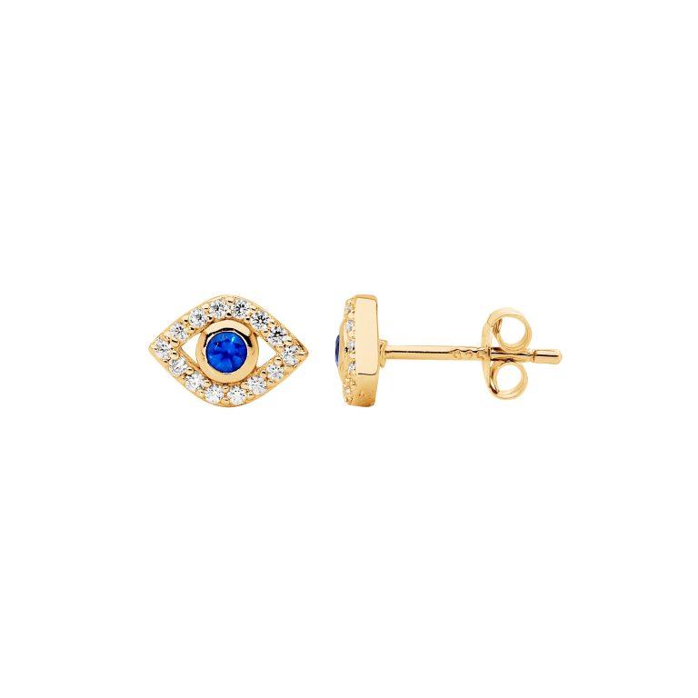 Ellani Yellow Gold Plated White & Blue Cubic Zirconia Bezel Set Evil Eye Stud Earrings