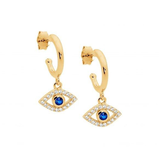 Ellani Sterling Silver & IP Yellow Gold Plated White & Blue Cubic Zirconia Bezel Set Evil Eye Hoop Stud Earrings