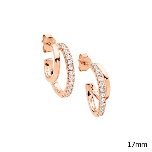 Ellani Sterling Silver & IP Rose Gold Plated White Cubic Zirconia Double Hoop Stud Earrings