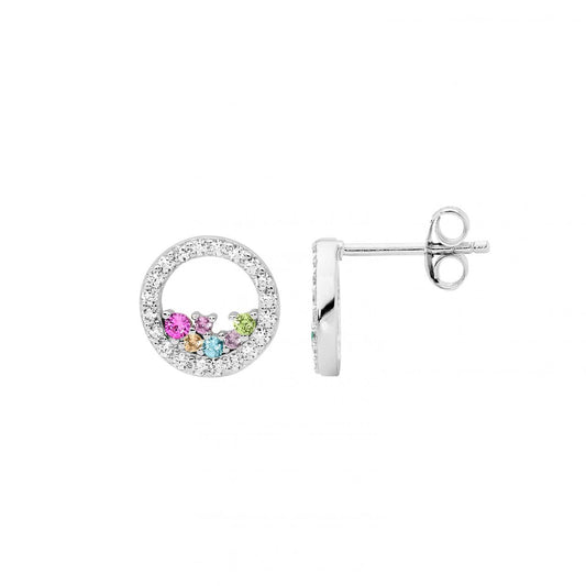 Ellani Sterling Silver Pastel Multi Coloured Cubic Zirconia 10mm Open Circle Stud Earring