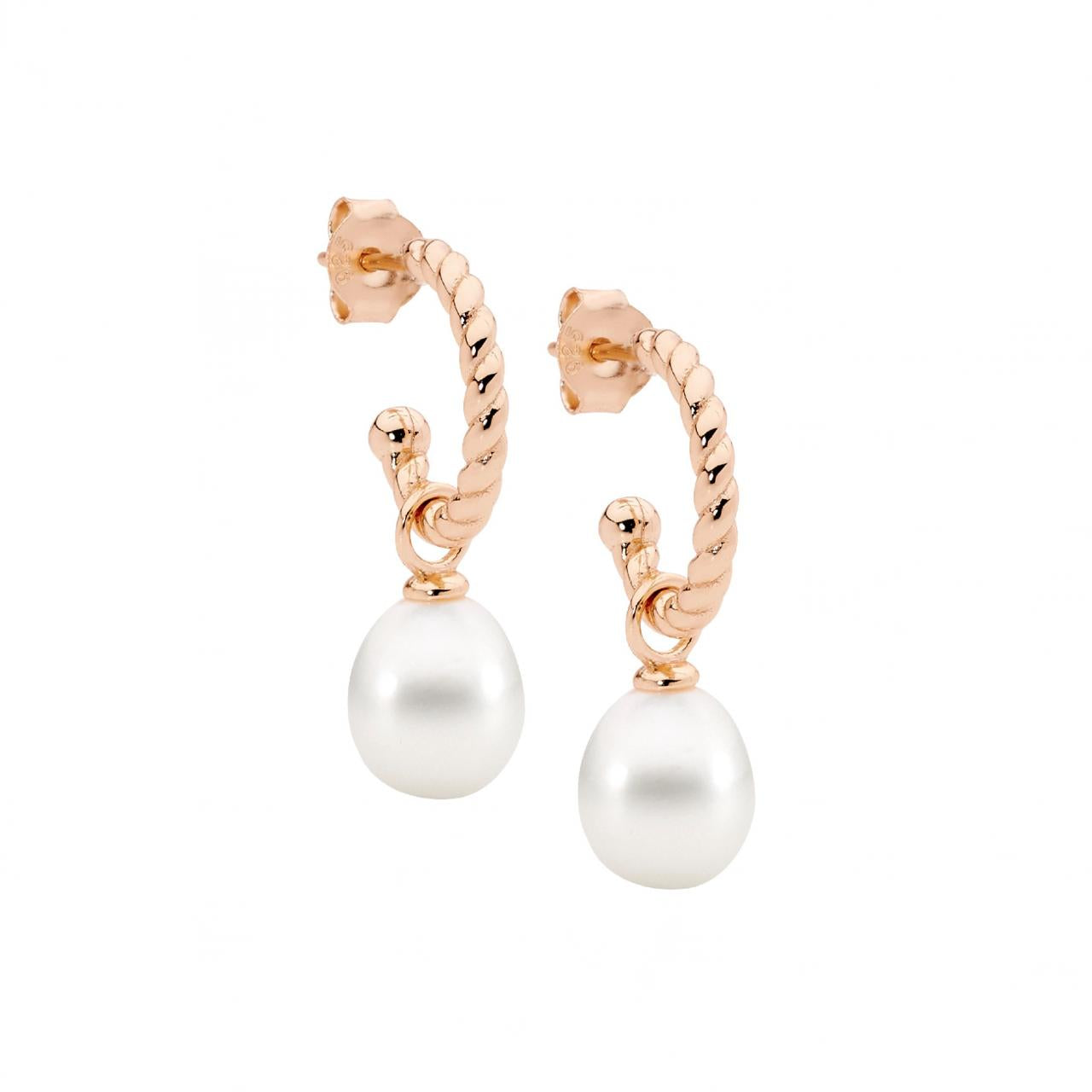 Ellani Sterling Silver & IP Rose Gold Plated White Freshwater Pearl Drop 13mm Twist Hoop Stud Earrings